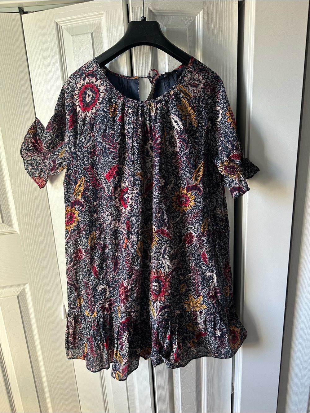 Madewell Navy Floral Peasant Dress with Burgundy, Coral, and Yellow Accents